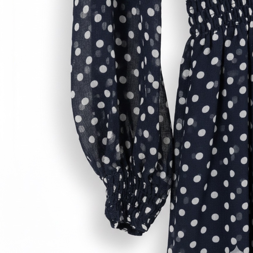 Lauren Ralph Lauren Polka Dot Chiffon Midi Dress Smocked Waist Navy Size 12 - Picture 14 of 14